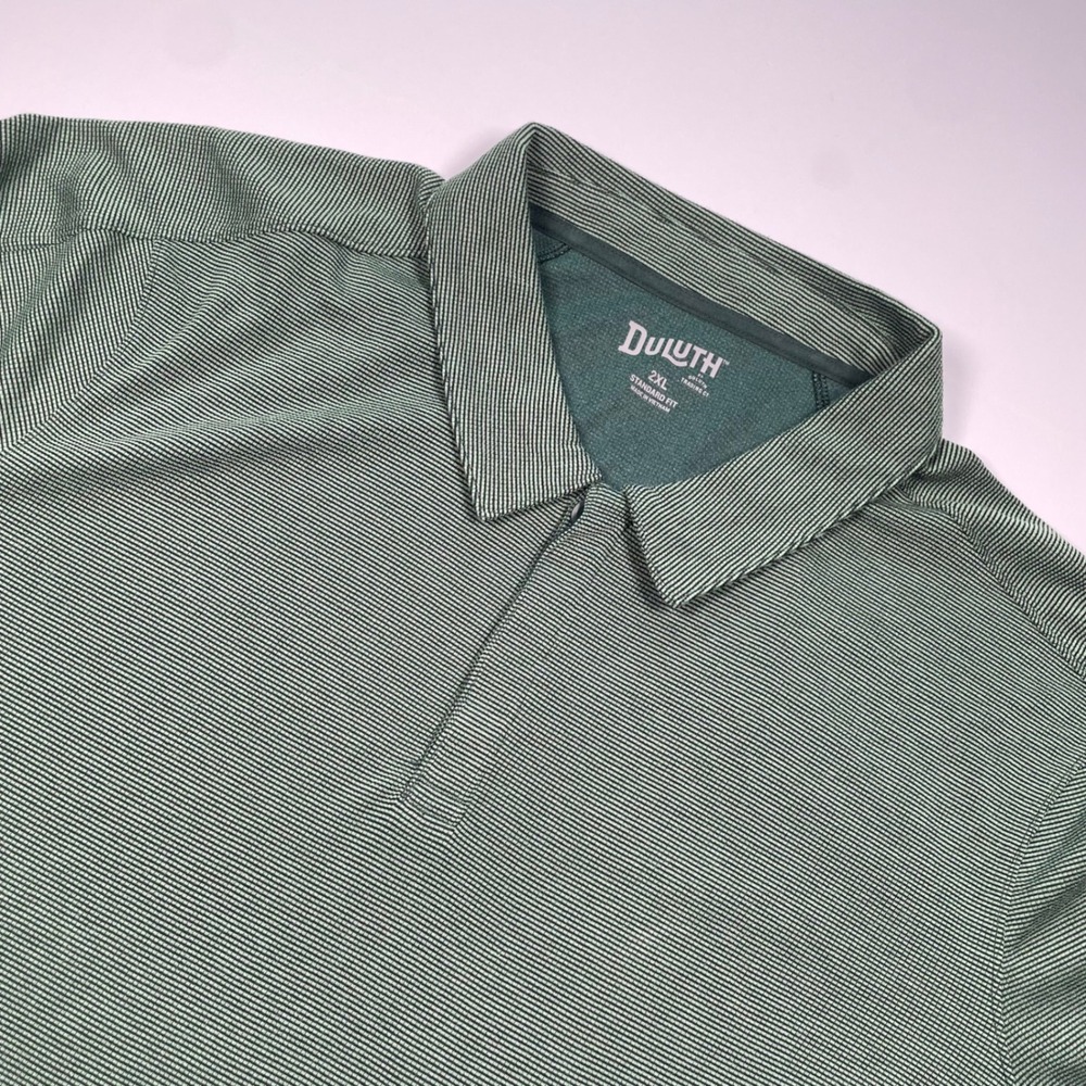 Duluth Trading Co Mens 2XL Green Striped Short Sleeve Polo Shirt Standard Fit - Picture 1 of 6